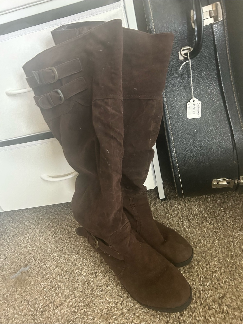 Brown Suede Tall Buckle Boots